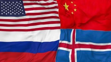 Iceland, China, Russia and United States, USA Flags Together Seamless Looping Background, Looped Bump Texture Cloth Waving Slow Motion, 3D Rendering video