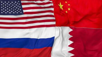 Bahrain, China, Russia and United States, USA Flags Together Seamless Looping Background, Looped Bump Texture Cloth Waving Slow Motion, 3D Rendering video