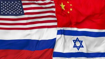 Israel, China, Russia and United States, USA Flags Together Seamless Looping Background, Looped Bump Texture Cloth Waving Slow Motion, 3D Rendering video