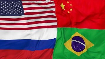 Brazil, China, Russia and United States, USA Flags Together Seamless Looping Background, Looped Bump Texture Cloth Waving Slow Motion, 3D Rendering video