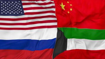 Kuwait, China, Russia and United States, USA Flags Together Seamless Looping Background, Looped Bump Texture Cloth Waving Slow Motion, 3D Rendering video