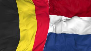Bélgica y Países Bajos banderas juntos sin costura bucle fondo, serpenteado bache textura paño ondulación lento movimiento, 3d representación video