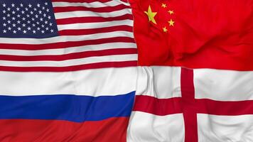 Angleterre, Chine, Russie et uni États, Etats-Unis drapeaux ensemble sans couture boucle arrière-plan, en boucle bosse texture tissu agitant lent mouvement, 3d le rendu video