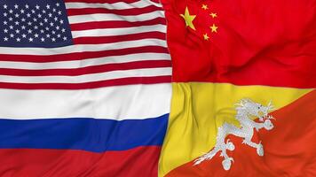 Bhutan, China, Russia and United States, USA Flags Together Seamless Looping Background, Looped Bump Texture Cloth Waving Slow Motion, 3D Rendering video