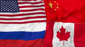 Canadá, China, Rússia e Unidos estados, EUA bandeiras juntos desatado looping fundo, em loop colisão textura pano acenando lento movimento, 3d Renderização video