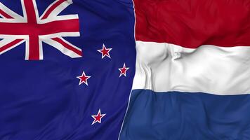 nuevo Zelanda y Países Bajos banderas juntos sin costura bucle fondo, serpenteado bache textura paño ondulación lento movimiento, 3d representación video