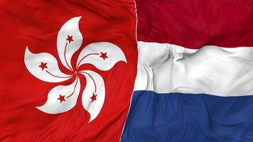 Hong Kong and Netherlands Flags Together Seamless Looping Background, Looped Bump Texture Cloth Waving Slow Motion, 3D Rendering video