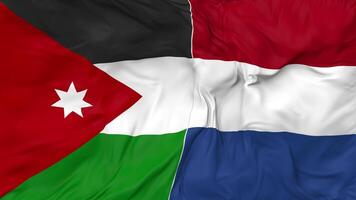 Jordan and Netherlands Flags Together Seamless Looping Background, Looped Bump Texture Cloth Waving Slow Motion, 3D Rendering video