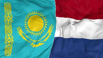 Kazakhstan and Netherlands Flags Together Seamless Looping Background, Looped Bump Texture Cloth Waving Slow Motion, 3D Rendering video