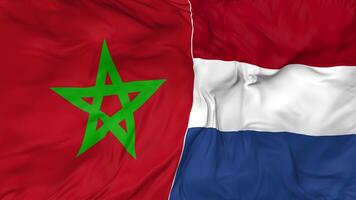 Morocco and Netherlands Flags Together Seamless Looping Background, Looped Bump Texture Cloth Waving Slow Motion, 3D Rendering video