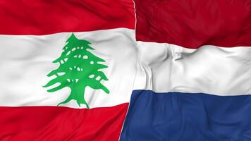 Líbano y Países Bajos banderas juntos sin costura bucle fondo, serpenteado bache textura paño ondulación lento movimiento, 3d representación video