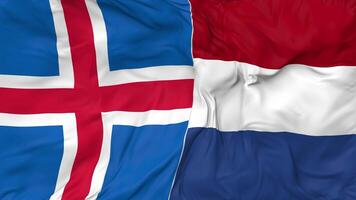 Iceland and Netherlands Flags Together Seamless Looping Background, Looped Bump Texture Cloth Waving Slow Motion, 3D Rendering video