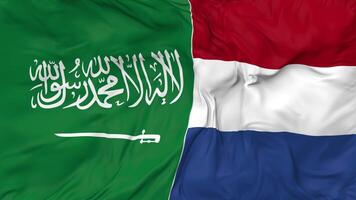KSA, Kingdom of Saudi Arabia and Netherlands Flags Together Seamless Looping Background, Looped Bump Texture Cloth Waving Slow Motion, 3D Rendering video