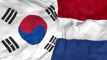 South Korea and Netherlands Flags Together Seamless Looping Background, Looped Bump Texture Cloth Waving Slow Motion, 3D Rendering video