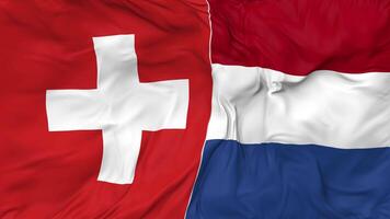 Switzerland and Netherlands Flags Together Seamless Looping Background, Looped Bump Texture Cloth Waving Slow Motion, 3D Rendering video