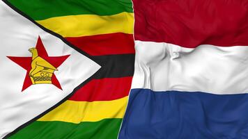 Zimbabwe and Netherlands Flags Together Seamless Looping Background, Looped Bump Texture Cloth Waving Slow Motion, 3D Rendering video