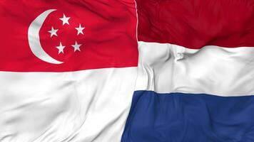 Singapore and Netherlands Flags Together Seamless Looping Background, Looped Bump Texture Cloth Waving Slow Motion, 3D Rendering video