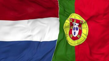 Portugal and Netherlands Flags Together Seamless Looping Background, Looped Bump Texture Cloth Waving Slow Motion, 3D Rendering video