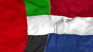 United Arab Emirates and Netherlands Flags Together Seamless Looping Background, Looped Bump Texture Cloth Waving Slow Motion, 3D Rendering video