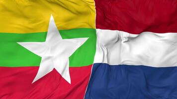 Myanmar, Burma and Netherlands Flags Together Seamless Looping Background, Looped Bump Texture Cloth Waving Slow Motion, 3D Rendering video