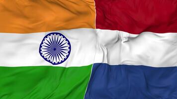 India and Netherlands Flags Together Seamless Looping Background, Looped Bump Texture Cloth Waving Slow Motion, 3D Rendering video