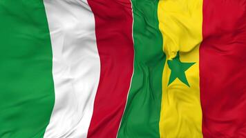 Italië en Senegal vlaggen samen naadloos looping achtergrond, lusvormige buil structuur kleding golvend langzaam beweging, 3d renderen video