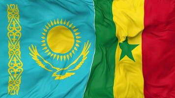 Kazakhstan and Senegal Flags Together Seamless Looping Background, Looped Bump Texture Cloth Waving Slow Motion, 3D Rendering video