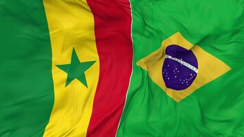 Brazilië en Senegal vlaggen samen naadloos looping achtergrond, lusvormige buil structuur kleding golvend langzaam beweging, 3d renderen video