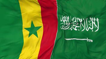 KSA, Kingdom of Saudi Arabia and Senegal Flags Together Seamless Looping Background, Looped Bump Texture Cloth Waving Slow Motion, 3D Rendering video
