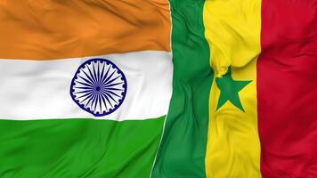 India and Senegal Flags Together Seamless Looping Background, Looped Bump Texture Cloth Waving Slow Motion, 3D Rendering video