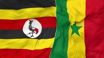 Uganda and Senegal Flags Together Seamless Looping Background, Looped Bump Texture Cloth Waving Slow Motion, 3D Rendering video
