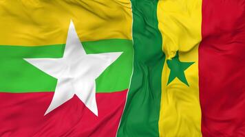 Myanmar, Burma and Senegal Flags Together Seamless Looping Background, Looped Bump Texture Cloth Waving Slow Motion, 3D Rendering video