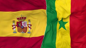 Spain and Senegal Flags Together Seamless Looping Background, Looped Bump Texture Cloth Waving Slow Motion, 3D Rendering video