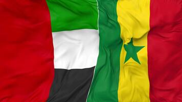 United Arab Emirates and Senegal Flags Together Seamless Looping Background, Looped Bump Texture Cloth Waving Slow Motion, 3D Rendering video