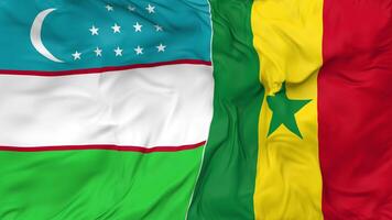 Uzbekistán y Senegal banderas juntos sin costura bucle fondo, serpenteado bache textura paño ondulación lento movimiento, 3d representación video