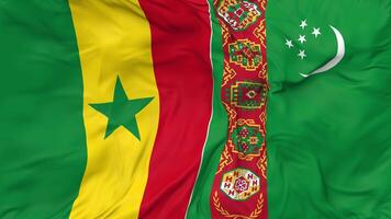 Turkmenistan and Senegal Flags Together Seamless Looping Background, Looped Bump Texture Cloth Waving Slow Motion, 3D Rendering video