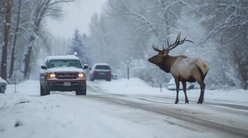 AI generated An elk is baking the road right in front of the car. Winter photo