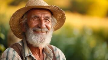 AI generated An old handsome farmer smiles and looks at the camera photo