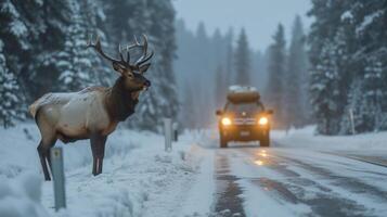 AI generated An elk is baking the road right in front of the car. Winter photo