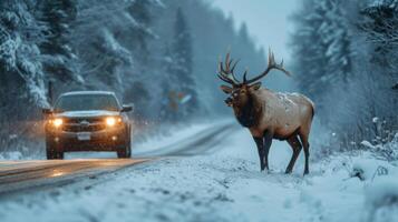 AI generated An elk is baking the road right in front of the car. Winter photo