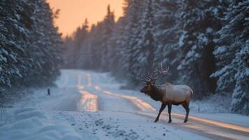 AI generated An elk is baking the road right in front of the car. Winter photo