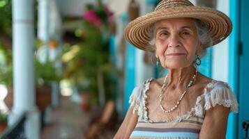 AI generated An elderly woman in a wicker Panama hat and a striped sundress stands on the porch of a classic white house photo