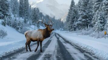 ai generado un alce es horneando el la carretera Derecha en frente de el coche. invierno foto