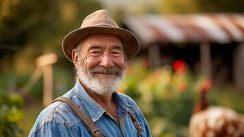 ai generado un antiguo hermoso granjero sonrisas y mira a el cámara foto