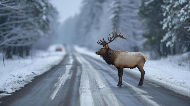 AI generated An elk is baking the road right in front of the car. Winter photo