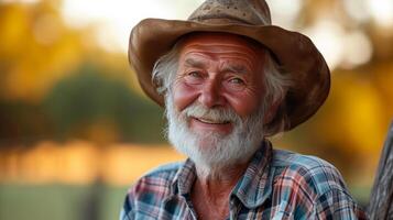 AI generated An old handsome farmer smiles and looks at the camera photo