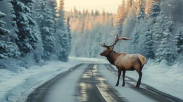 ai generado un alce es horneando el la carretera Derecha en frente de el coche. invierno foto