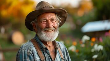 AI generated An old handsome farmer smiles and looks at the camera photo