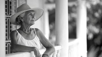 AI generated An elderly woman in a wicker Panama hat and a striped sundress stands on the porch of a classic white house photo