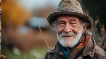 ai generado un antiguo hermoso granjero sonrisas y mira a el cámara foto